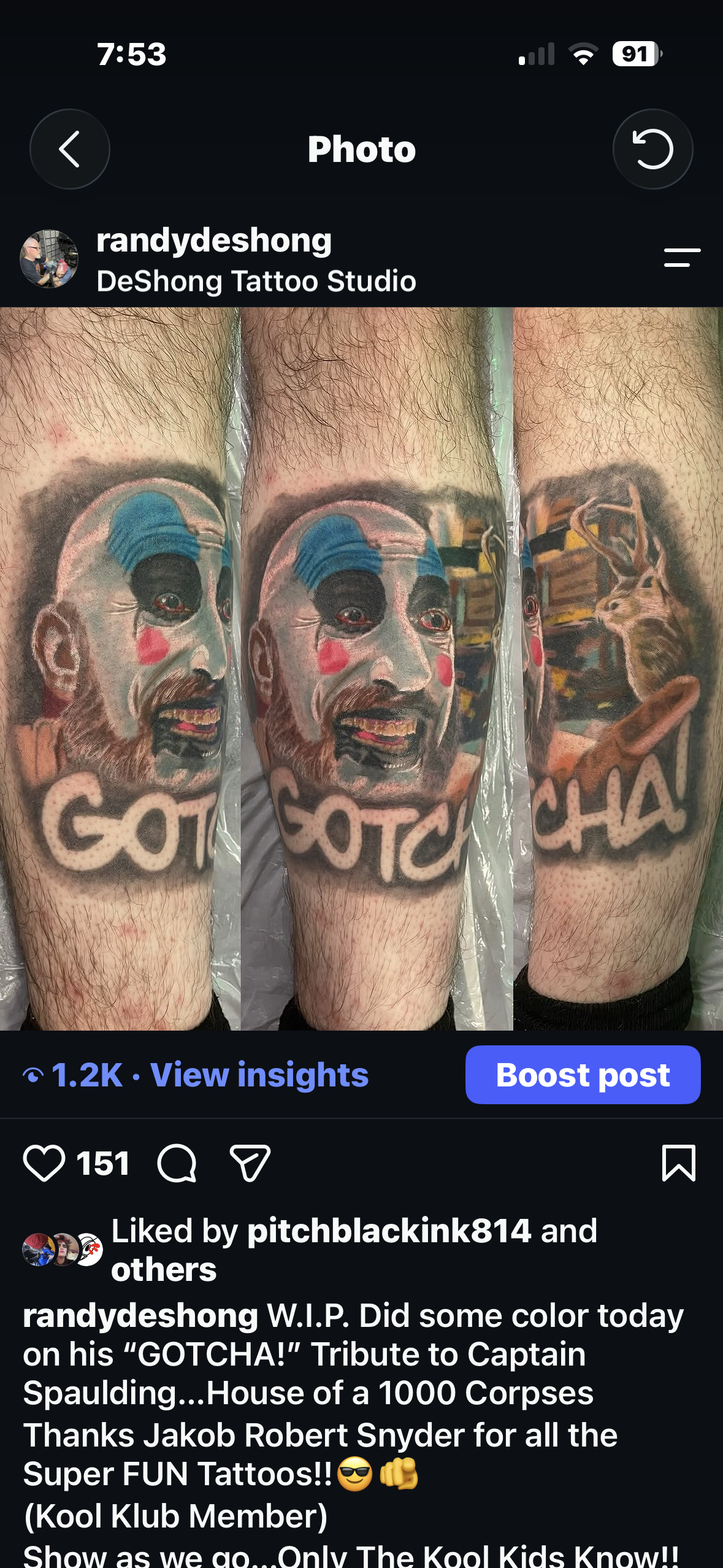 Jayden Levin clown face tribute tattoo