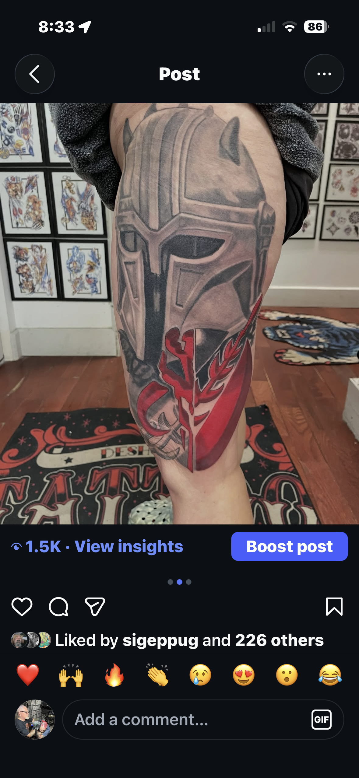 Jayden Levin warrior helmet leg tattoo