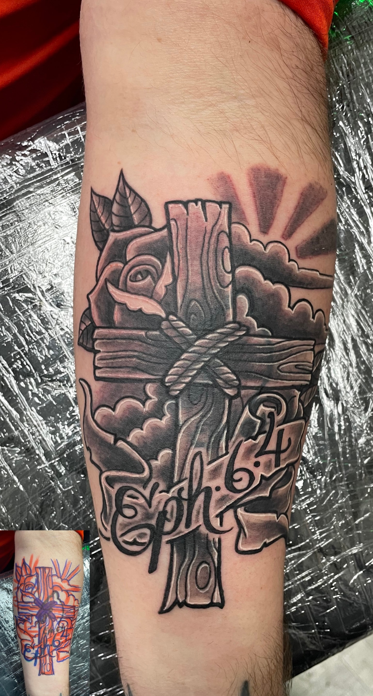 Randy DeShong cross and rose tattoo