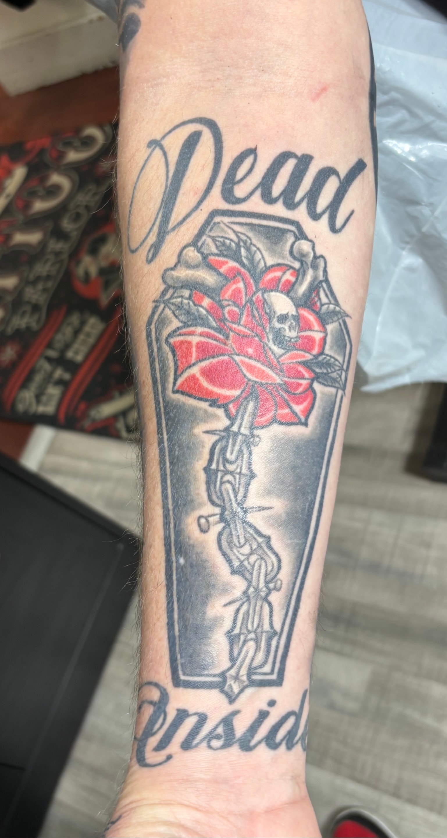 Randy DeShong Dead Inside coffin tattoo