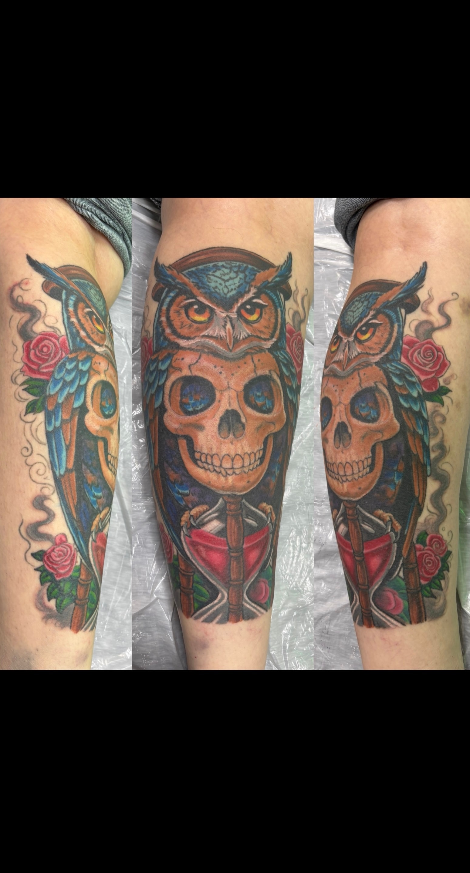 Randy DeShong colorful owl skull and hourglass leg tattoo