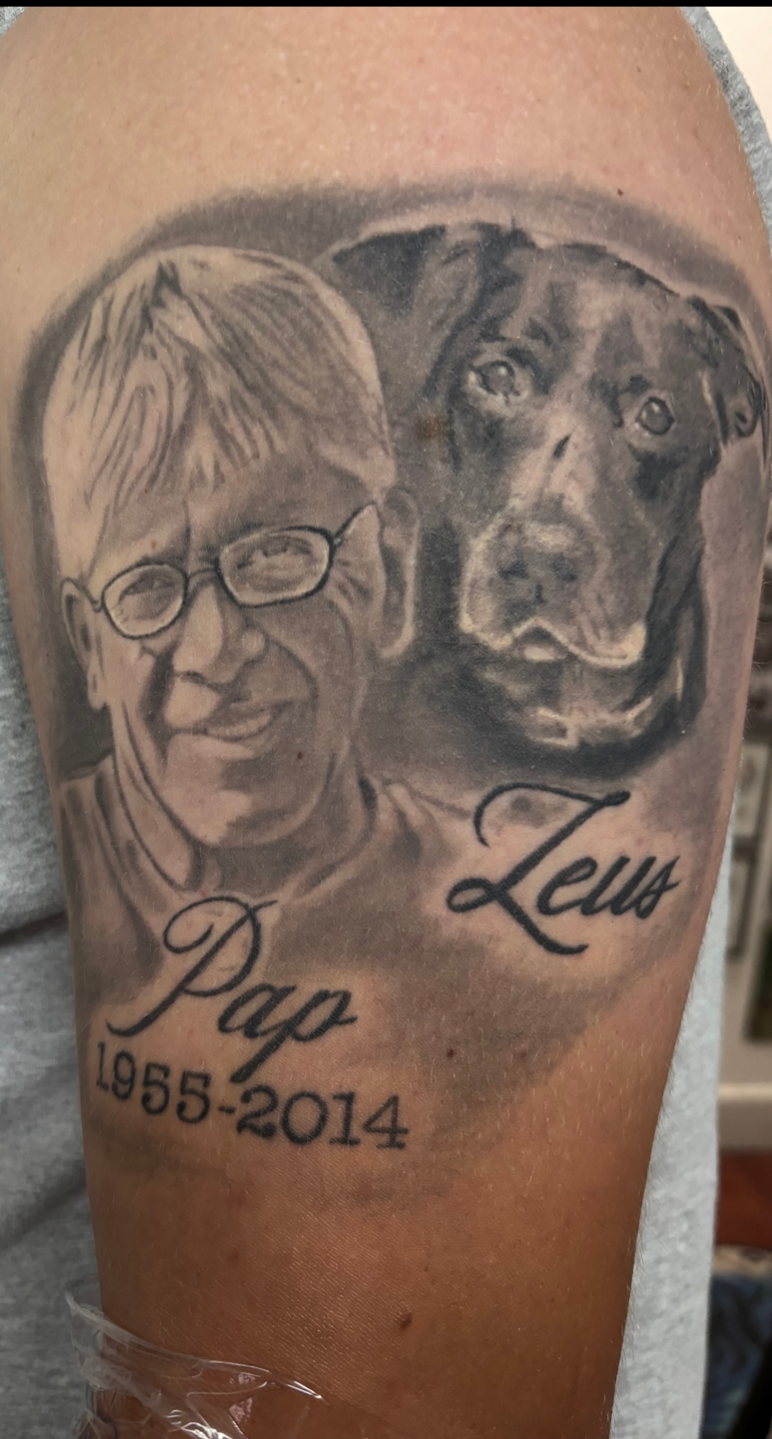 Randy DeShong Pap and Zeus memorial portrait tattoo