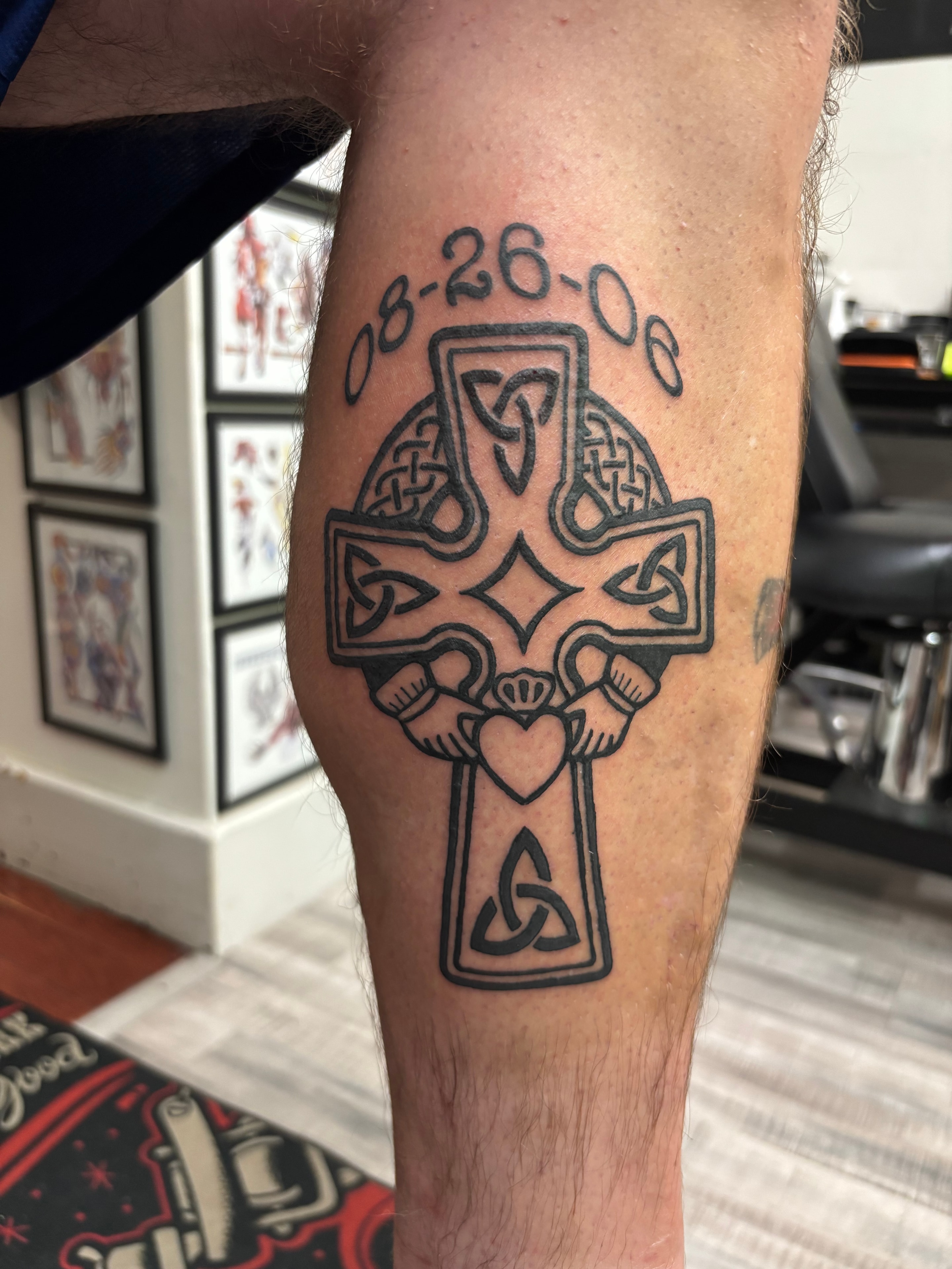 Randy DeShong Celtic cross claddagh forearm tattoo