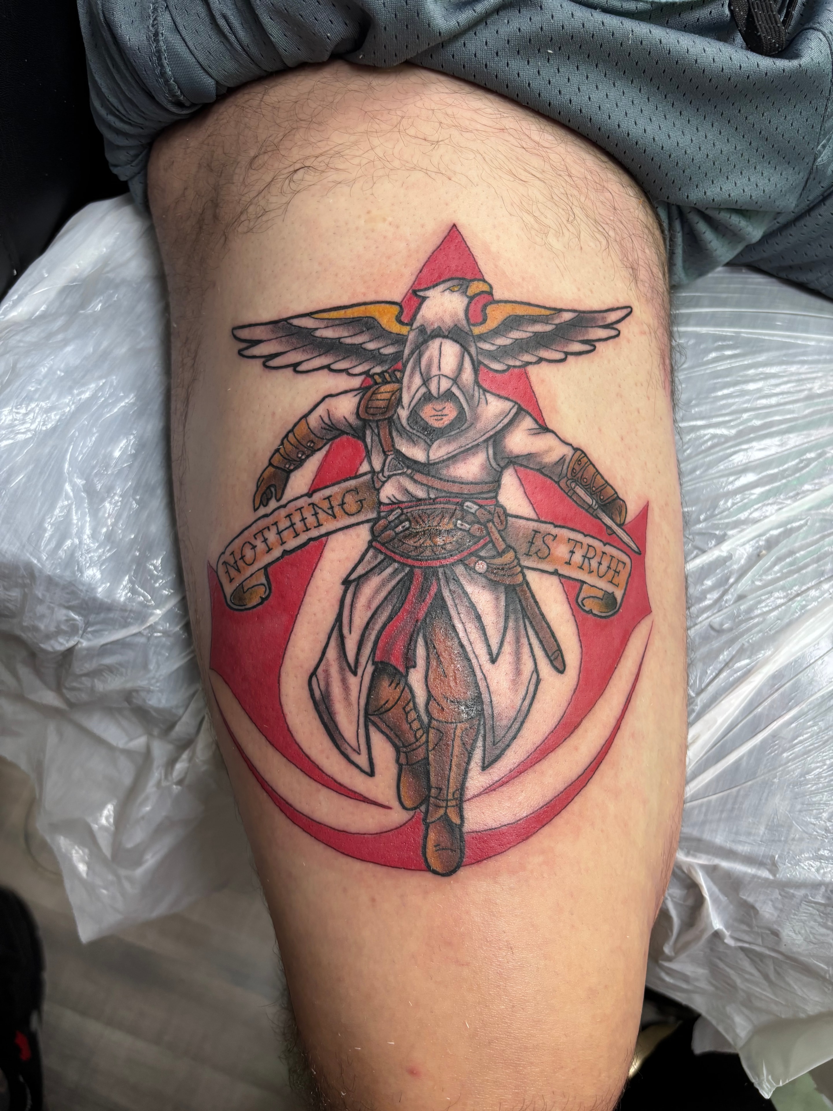 Randy DeShong Assassins Creed leg tattoo