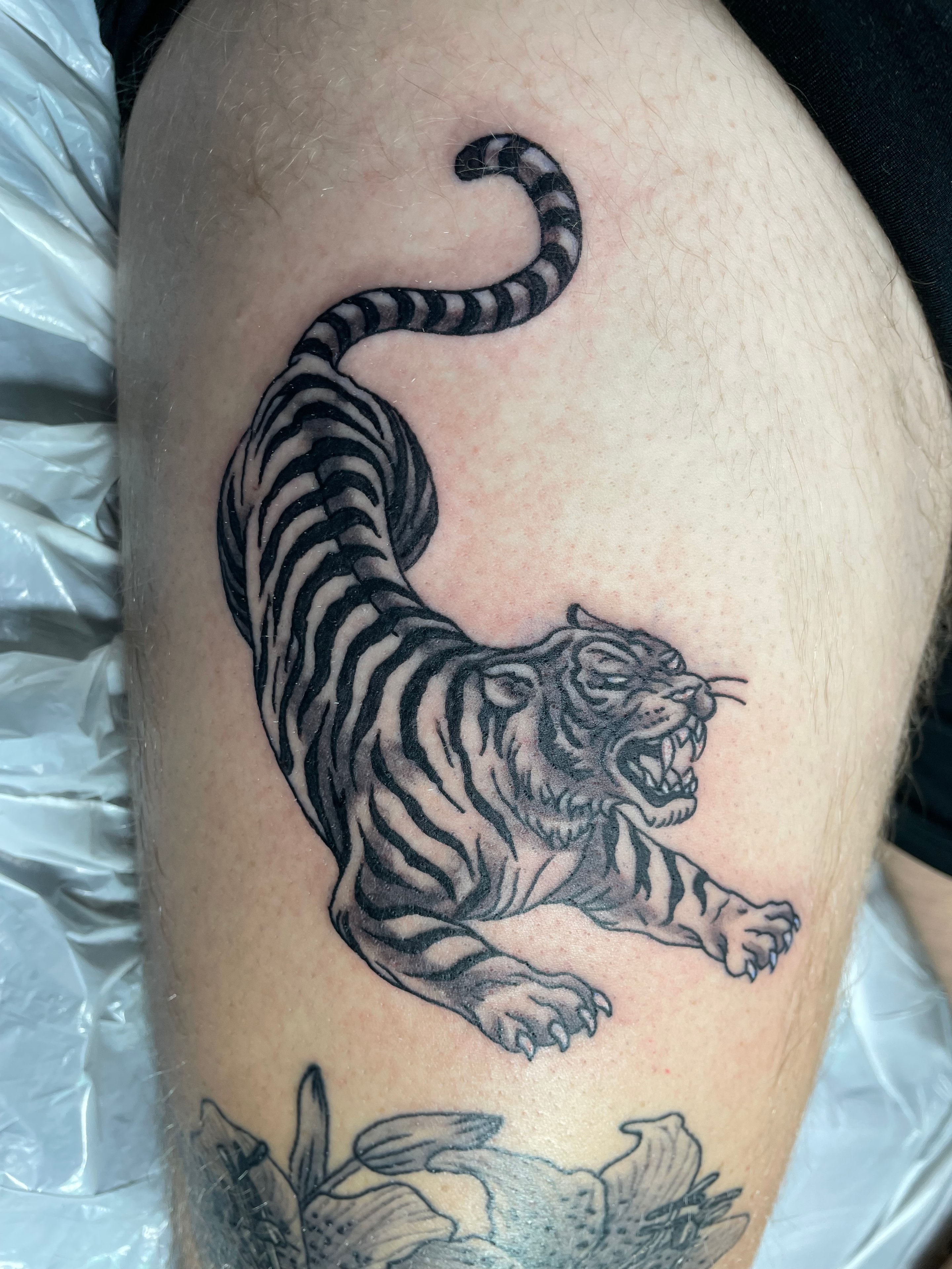 Randy DeShong black and grey tiger leg tattoo