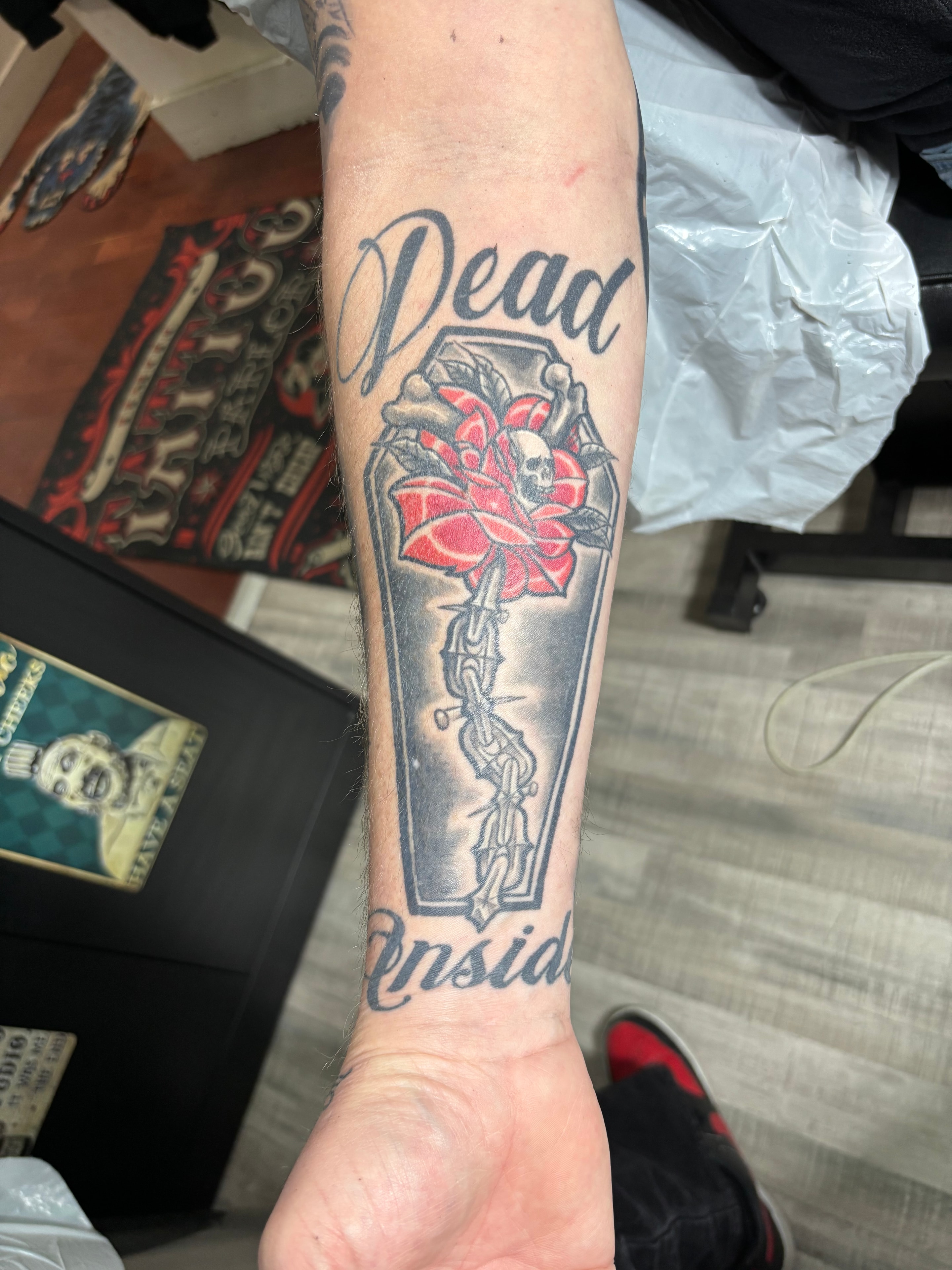 Randy DeShong Dead Inside rose coffin forearm tattoo