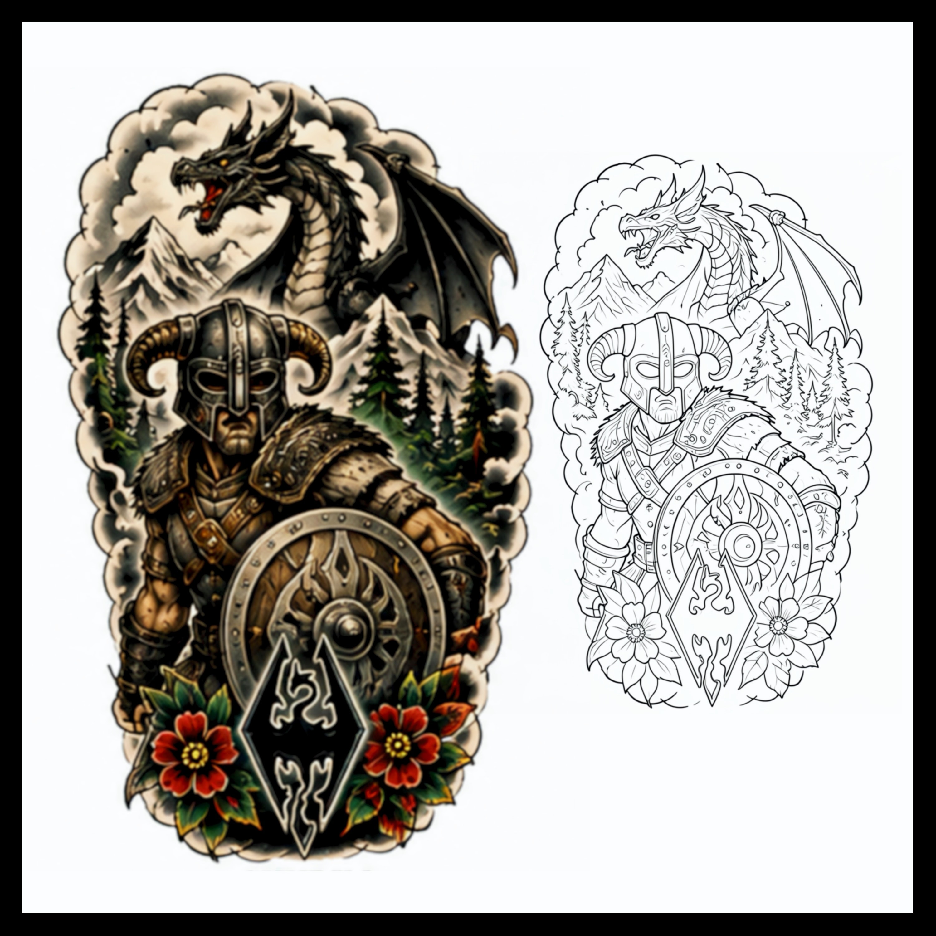 Elden Ring knight with bonfire and golden symbol tattoo design