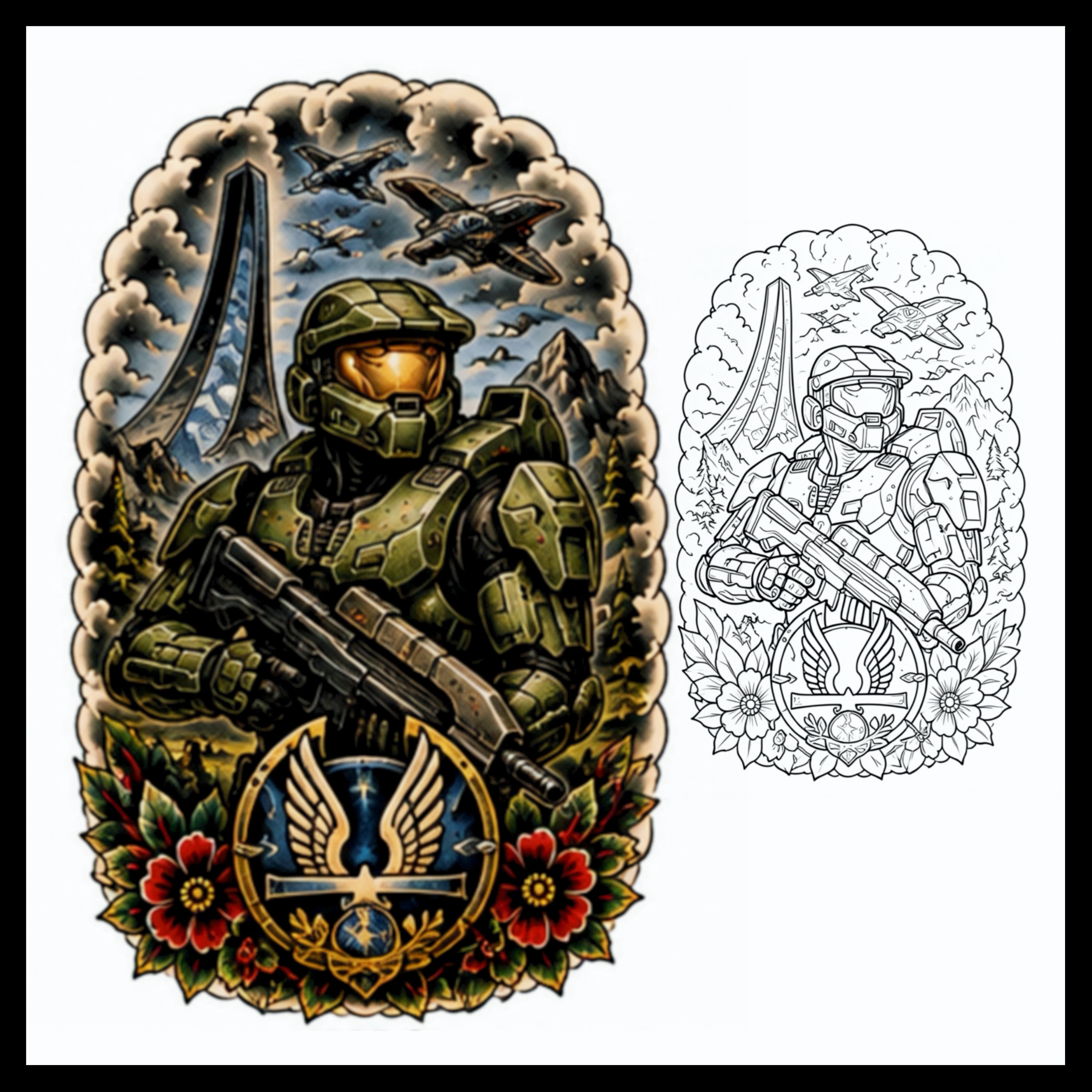 Halo Master Chief with UNSC emblem tattoo design