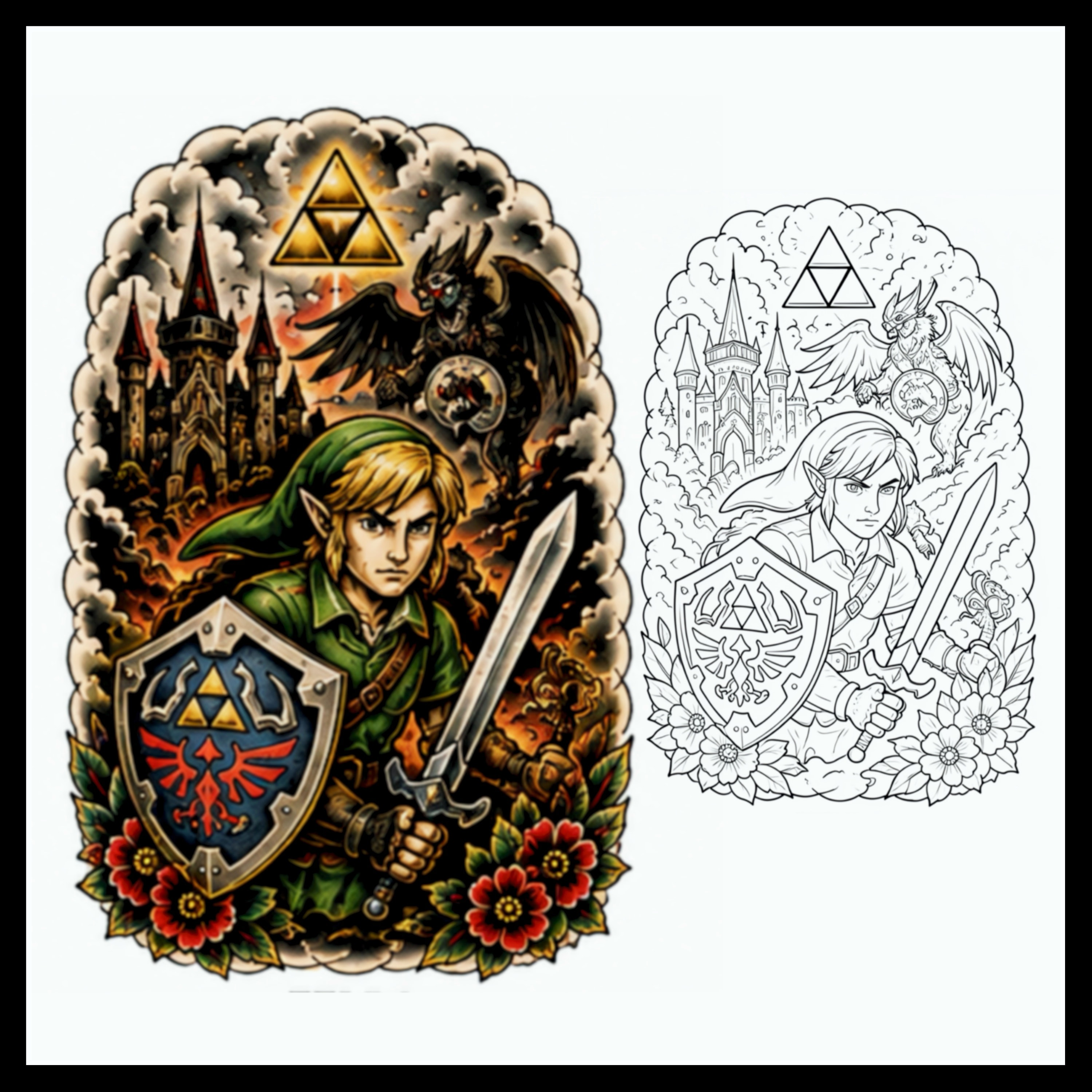 Legend of Zelda Link with Hylian shield and Triforce tattoo design