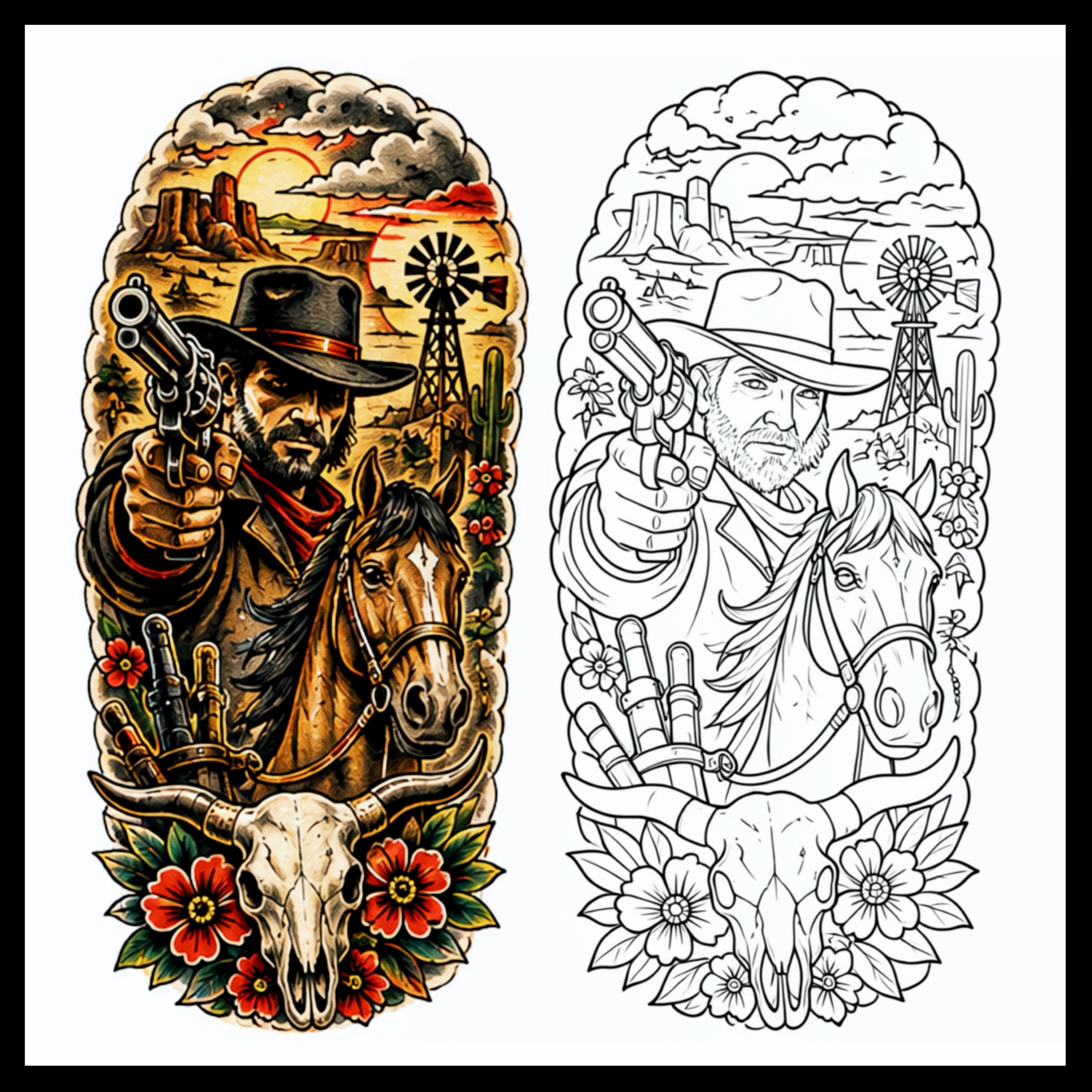 Western cowboy with horse and bull skull tattoo design
