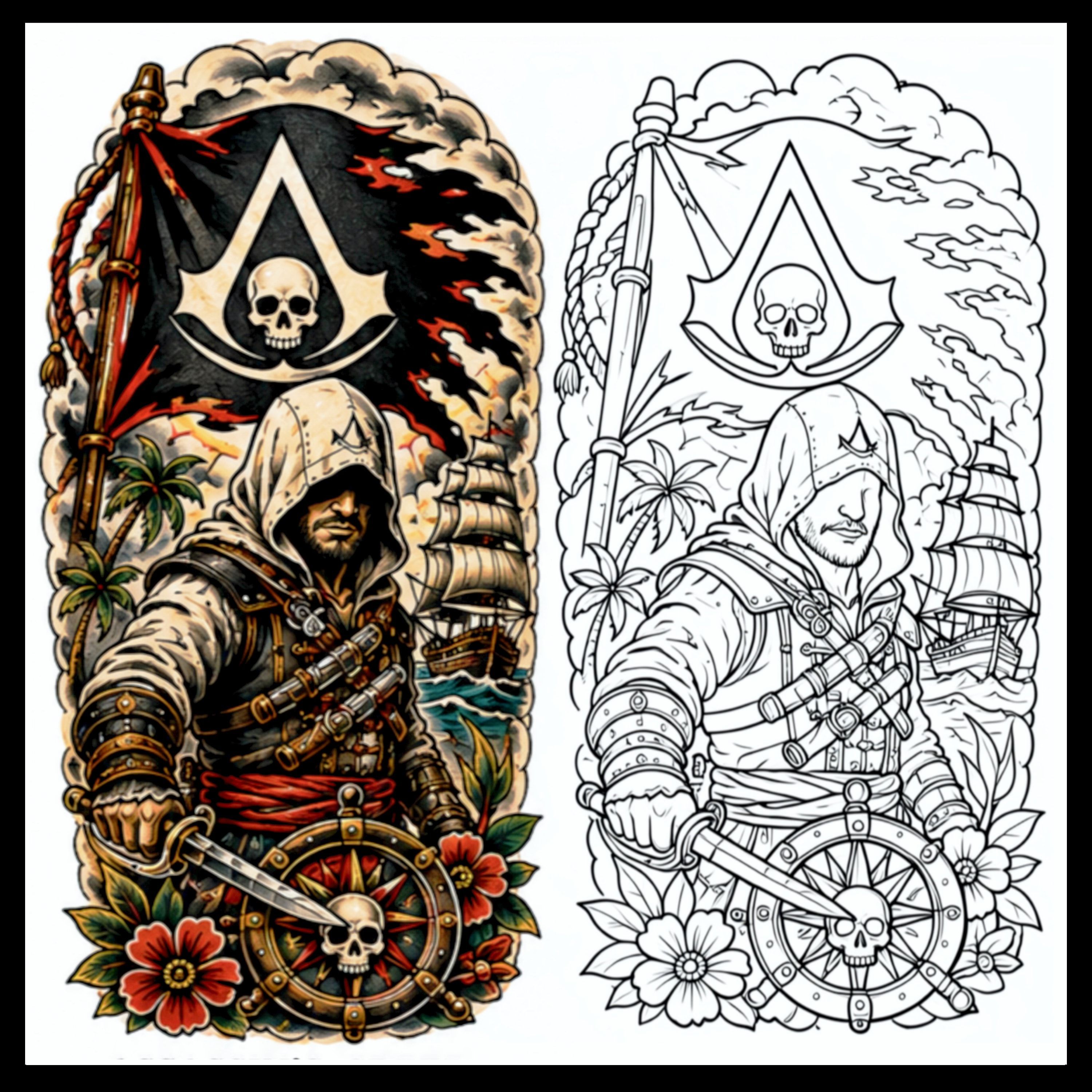 Assassin's Creed Black Flag pirate with ship tattoo design