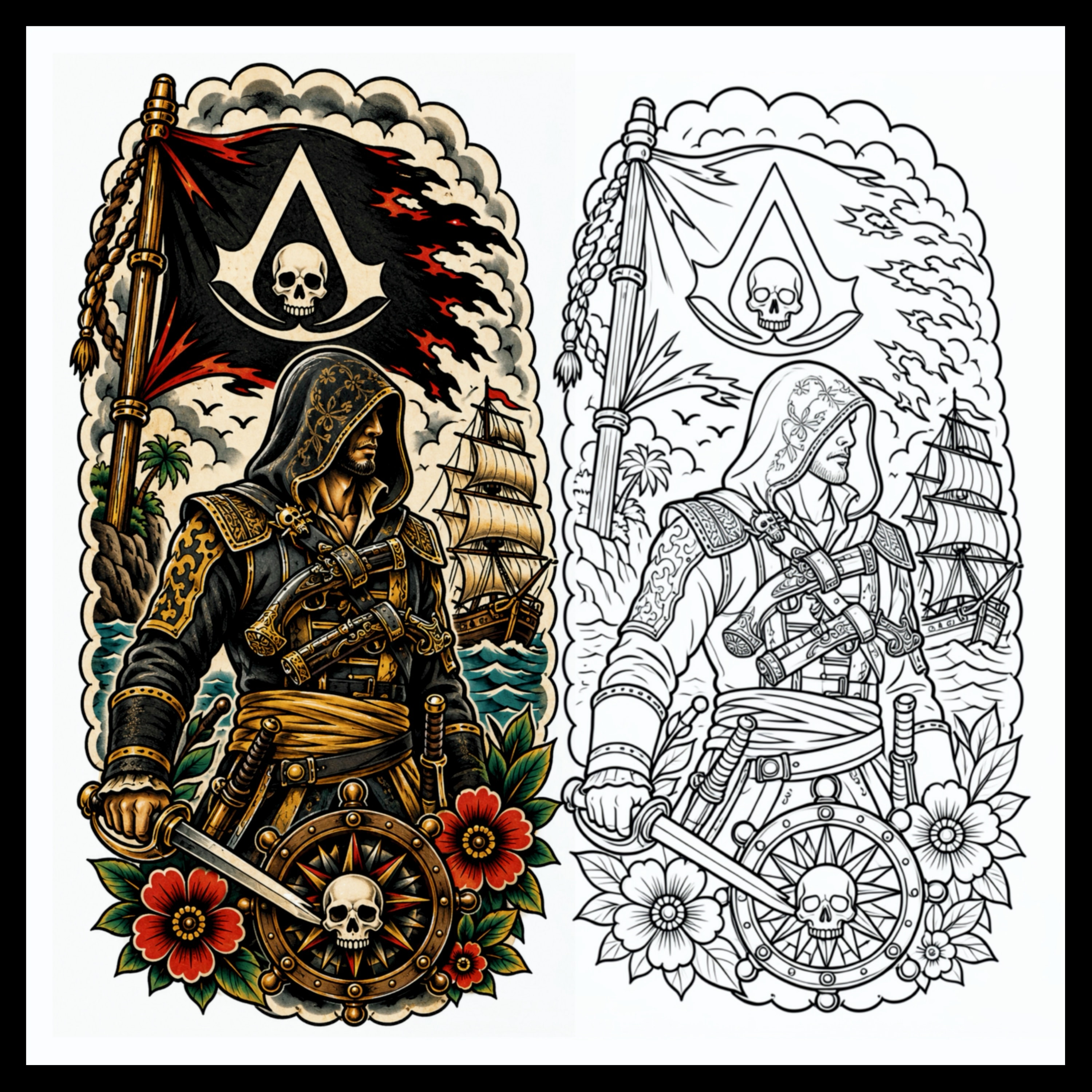 Pirate themed illustration tattoo design