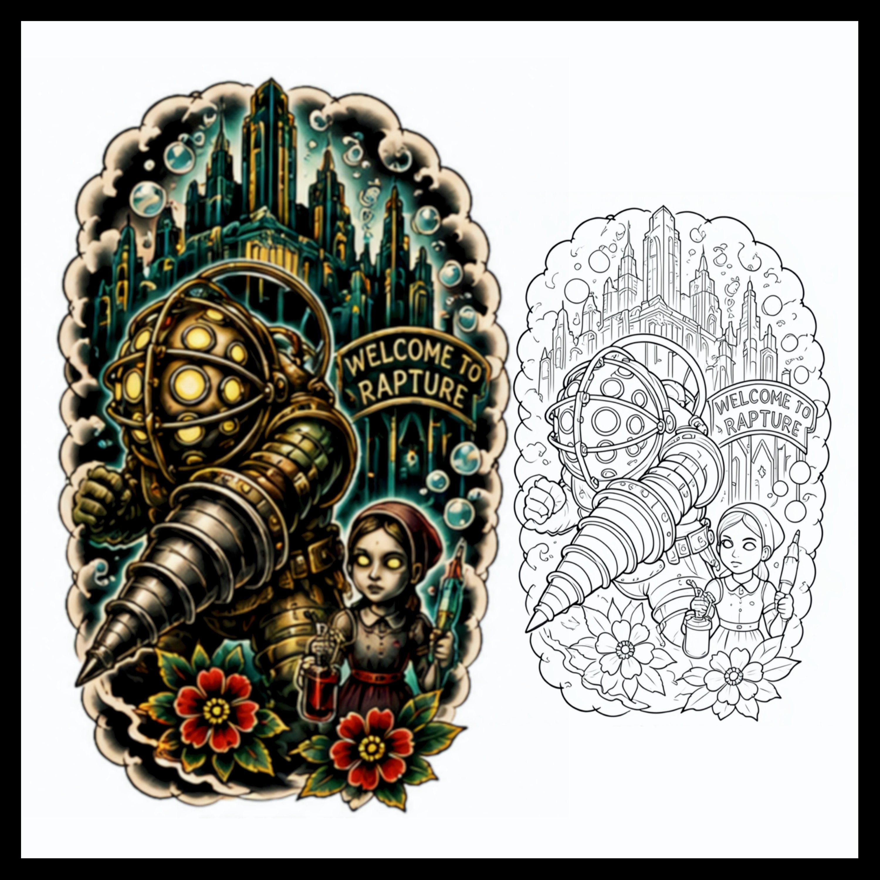 BioShock Big Daddy and Little Sister Welcome to Rapture tattoo design