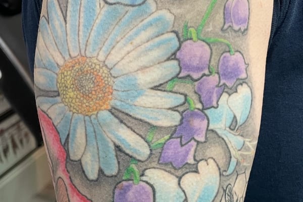 Colorful butterfly flower bee tattoo sleeve